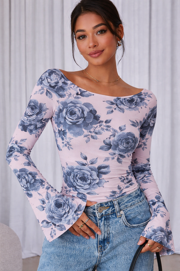 🌸 Floral Printed Spandex Top with Bell Sleeves 🌸