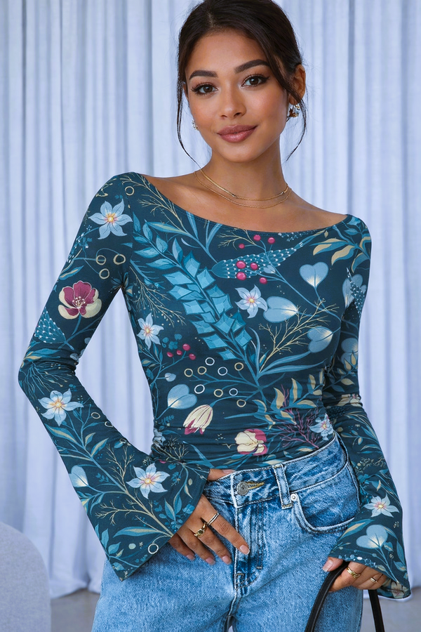 🌸 Floral Printed Spandex Top with Bell Sleeves 🌸