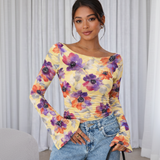 🌸 Floral Printed Spandex Top with Bell Sleeves 🌸