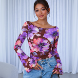 🌸 Floral Printed Spandex Top with Bell Sleeves 🌸