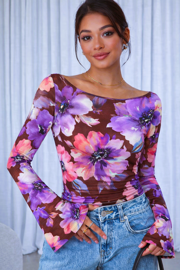 🌸 Floral Printed Spandex Top with Bell Sleeves 🌸