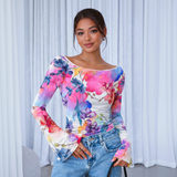 🌸 Floral Printed Spandex Top with Bell Sleeves 🌸