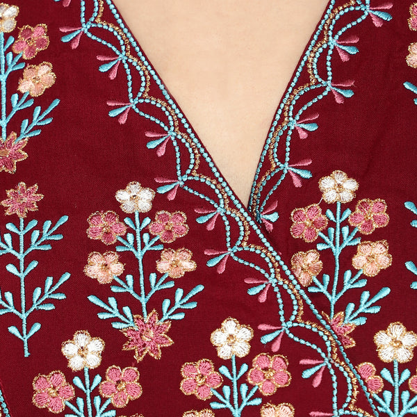 WOMEN FLORAL EMBROIDED KURTI MAROON