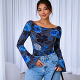 🌸 Floral Printed Spandex Top with Bell Sleeves 🌸