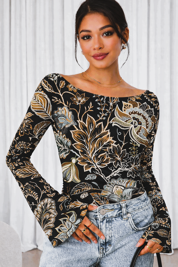 🌸 Floral Printed Spandex Top with Bell Sleeves 🌸