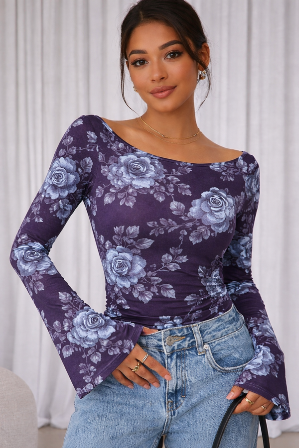 🌸 Floral Printed Spandex Top with Bell Sleeves 🌸
