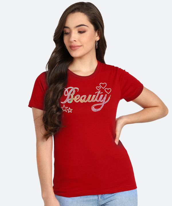 Women Sequins Motifs Embellished Cotton T-shirt