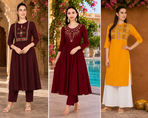 3-Piece Embroidered Rayon Kurti Combo – Elegant Ethnic Collection