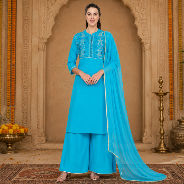 Women’s Embroidered Rayon Kurti Palazzo Dupatta Set | Elegant Ethnic Co-ord Set