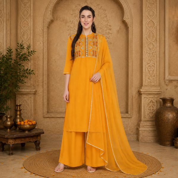 Women’s Embroidered Mustard Rayon Kurti Palazzo dupatta Set | Elegant Ethnic Co-ord Set