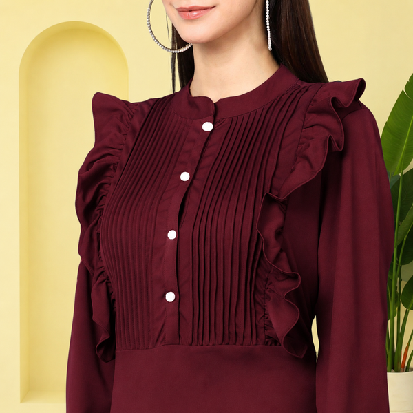 Elegant Pleated Ankle-Length Frilled Spandex Maroon Dress