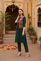 Women's Dark Green Rayon A-Line Kurti with Printed Ethnic Jacket & Matching Pants Set