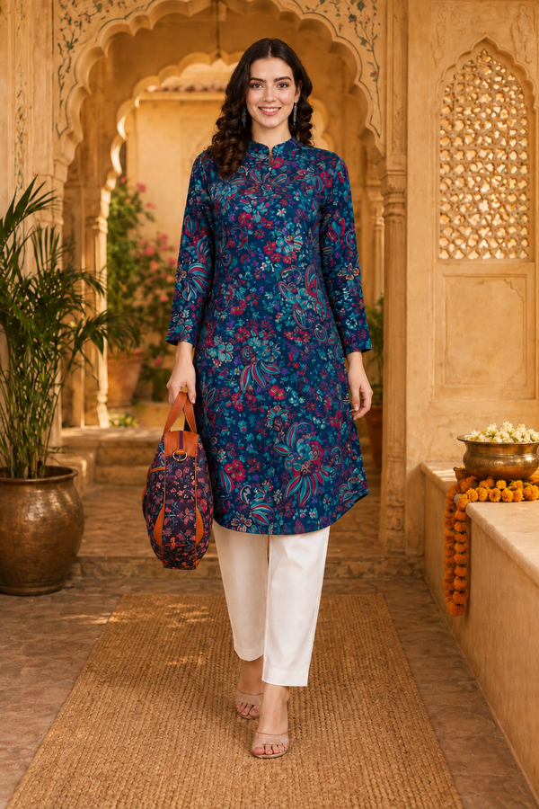 🌺 Floral print spandex kurti‑pant co‑ord set