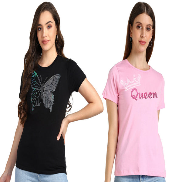 Women’s Cotton Sequin Motif T-Shirt Combo (Pack of 2) – Just ₹599 | MRP ₹2,099
