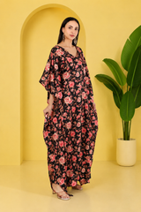 Floral Blossom Satin Kaftan – Elegant Floral Print Lounge & Resort Wear