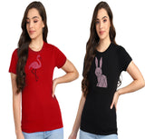 Women’s Cotton Sequin Motifs T-Shirt Combo Pack of 2
