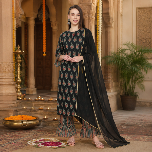 Ethnic cotton printed kurti plazzo dupatta set