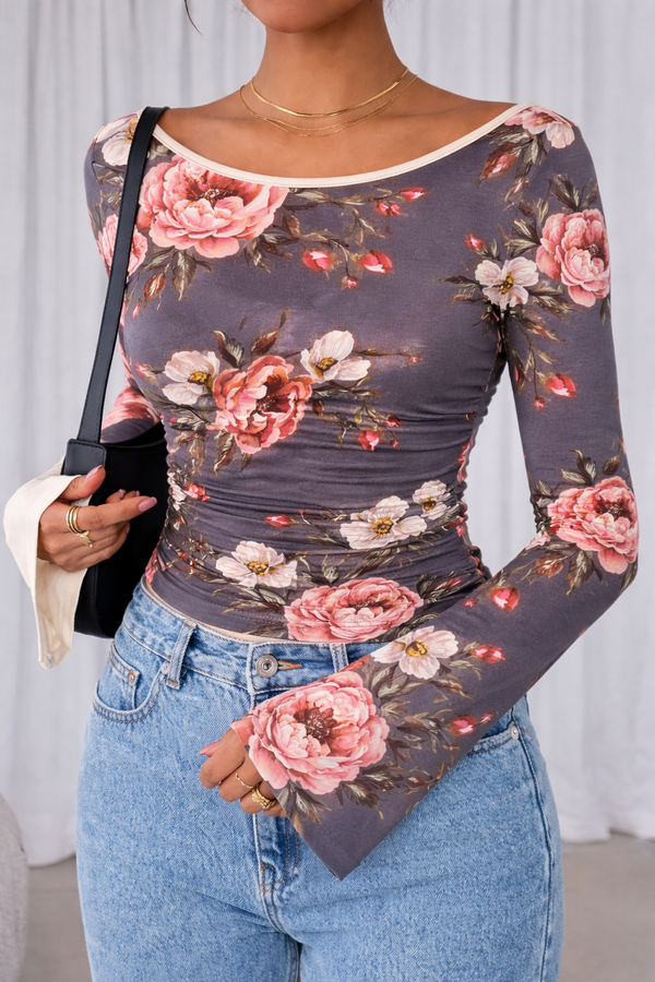 🌸 Floral Printed Spandex Top with Bell Sleeves 🌸