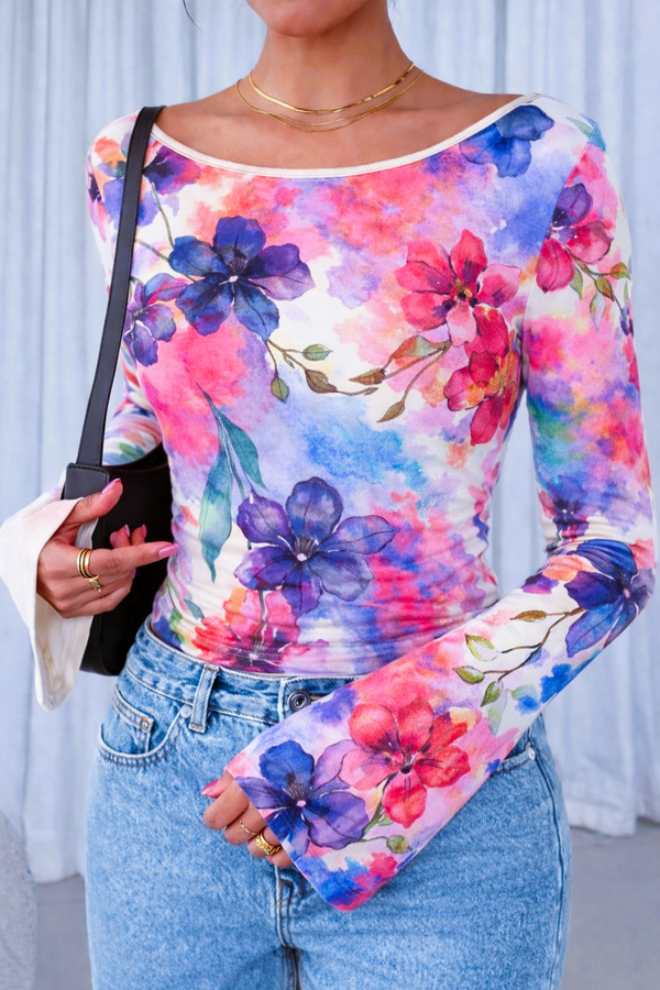 🌸 Floral Printed Spandex Top with Bell Sleeves 🌸
