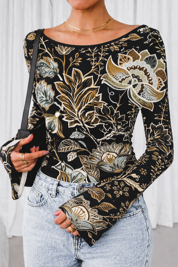 🌸 Floral Printed Spandex Top with Bell Sleeves 🌸