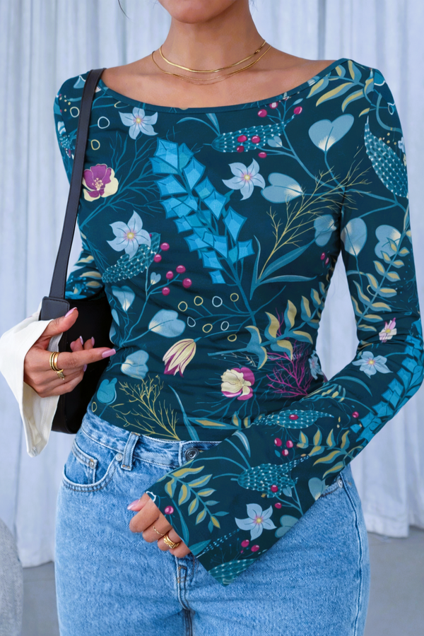 🌸 Floral Printed Spandex Top with Bell Sleeves 🌸