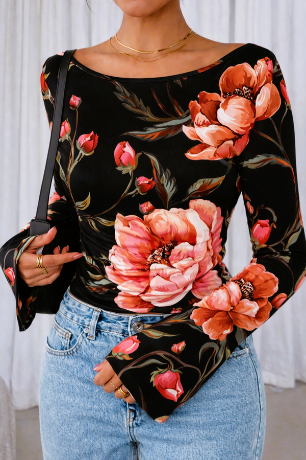 🌸 Floral Printed Spandex Top with Bell Sleeves 🌸