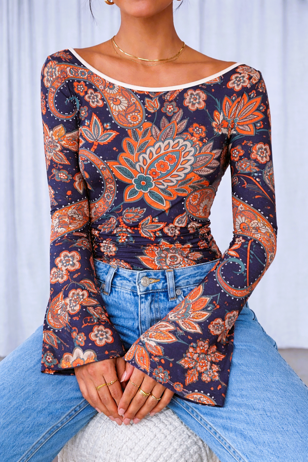 🌸 Floral Printed Spandex Top with Bell Sleeves 🌸