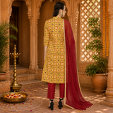 Women's Mustard Printed Cotton Kurti Pant Dupatta Set
