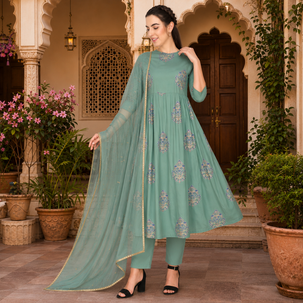 🌸 Women’s Ethnic Printed anarkali Kurti & Pant Set  with dupatta