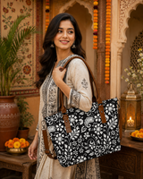 Monochrome Floral Print Canvas Tote Bag