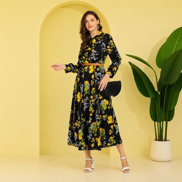 Eternal Bloom Fit and Flare Floral Long Crepe Dress