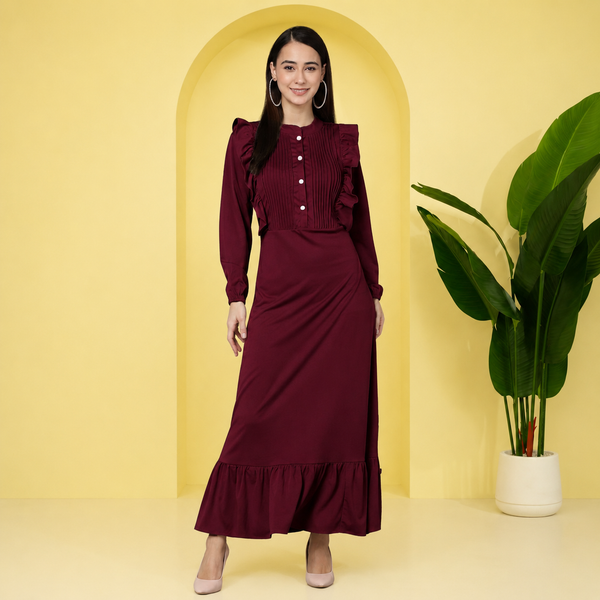 Elegant Pleated Ankle-Length Frilled Spandex Maroon Dress