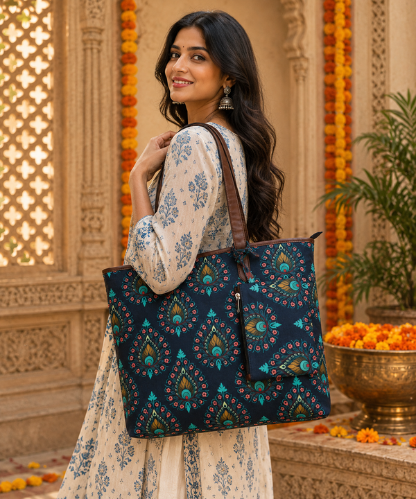 PEACOCK FEATHER PRINT TOTE BAG