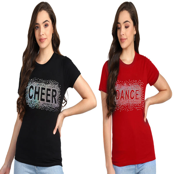 Shimmer in Style with the Pack of 2 Women's Cotton Sequins Motifs T-Shirts