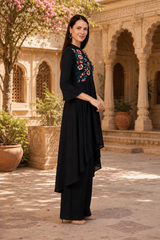 🌸 Women's Navy Blue Rayon Embroidered High-Low Kurta Palazzo Set