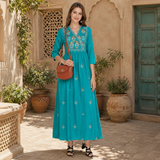 WOMEN FLORAL EMBROIDED KURTI  TURQUOISE