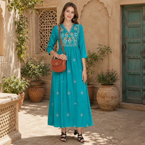 WOMEN FLORAL EMBROIDED KURTI  TURQUOISE