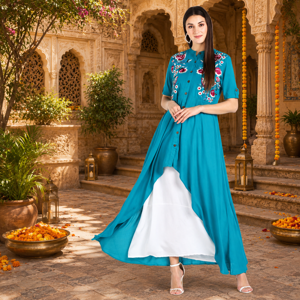 Graceful Floral Embroidered Rayon Shrug Kurti Set