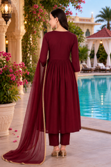 🌼 Elegant Maroon Embroidered Rayon Kurti Pant Set with Georgette Dupatta