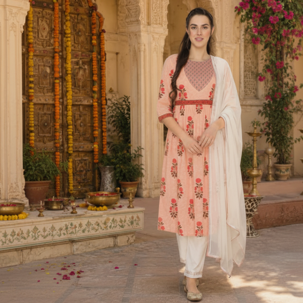 🌸 Women’s Ethnic Cotton Printed Kurti & Pant Set