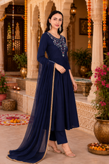 🌼 Women's Rayon Embroidered Kurti Pant Set with Georgette Dupatta