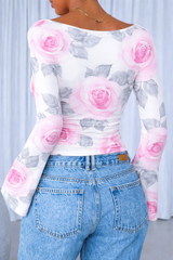 🌸 Floral Printed Spandex Top with Bell Sleeves 🌸