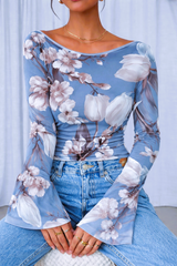 🌸 Floral Printed Spandex Top with Bell Sleeves 🌸