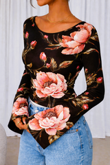 🌸 Floral Printed Spandex Top with Bell Sleeves 🌸