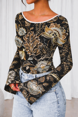 🌸 Floral Printed Spandex Top with Bell Sleeves 🌸