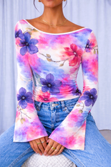 🌸 Floral Printed Spandex Top with Bell Sleeves 🌸