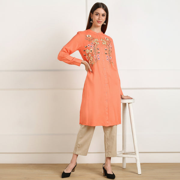 Elegant Floral Embroidered Rayon Shirt Style Kurti