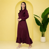Elegant Pleated Ankle-Length Frilled Spandex Maroon Dress