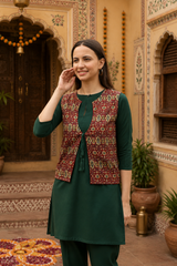 Women's Dark Green Rayon A-Line Kurti with Printed Ethnic Jacket & Matching Pants Set