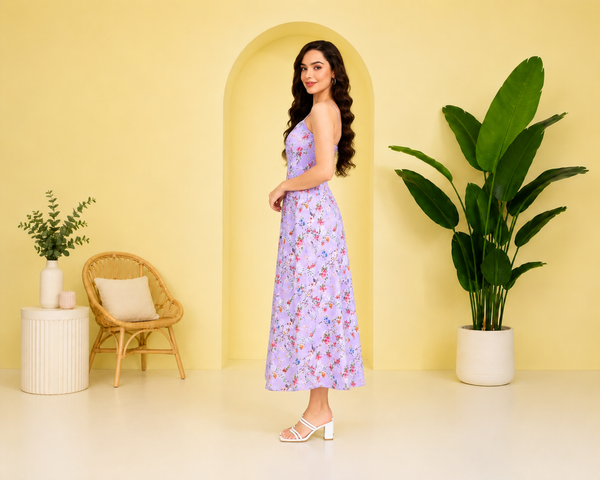 Enchanted Bloom Women's Lavender Floral Printed Crepe Maxi Dress